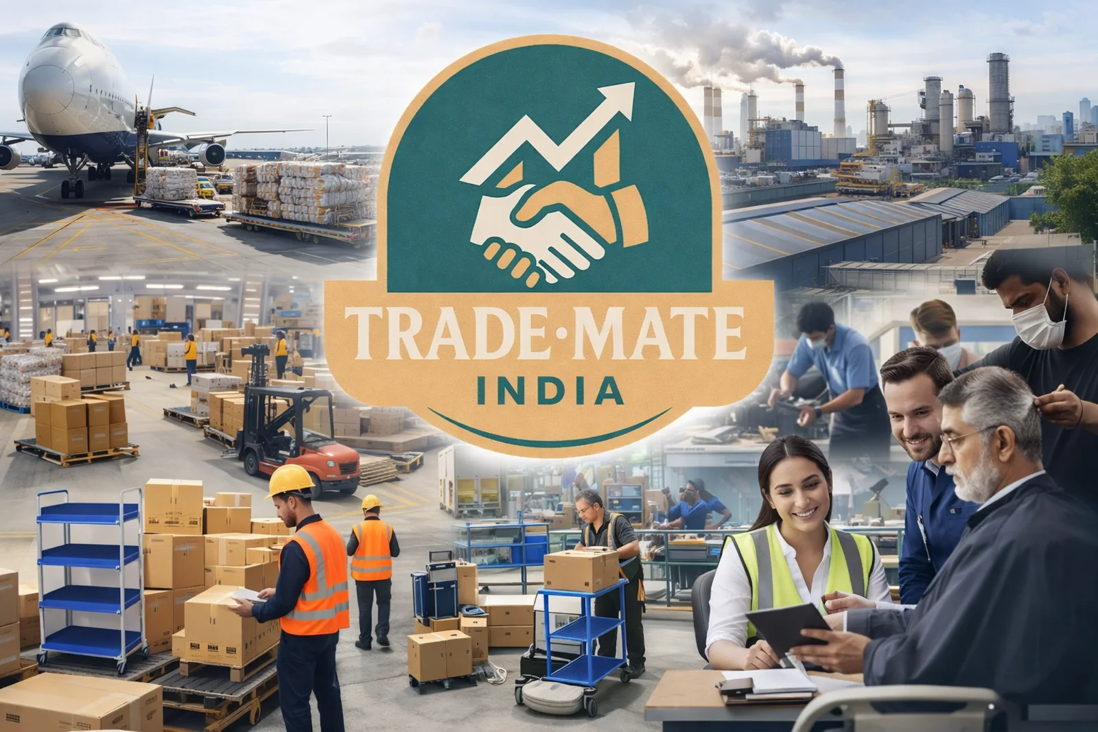 Trade Mate India brand collage showing cargo logistics, warehouse operations, product handling, and buyer discussions