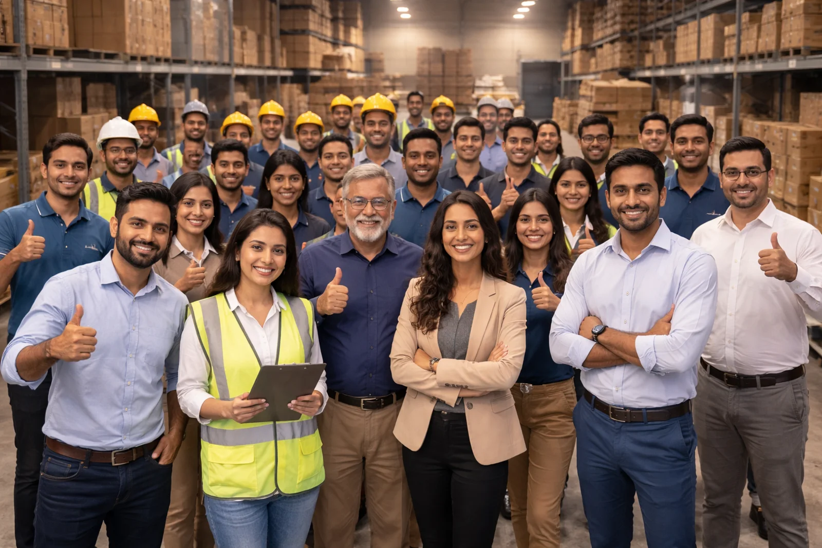 Trade Mate India leadership and team standing together in a warehouse environment