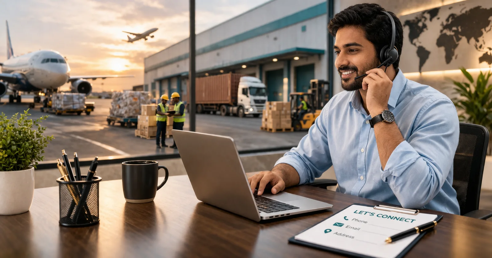 Trade Mate India contact scene showing a support representative handling supply inquiries in a logistics office