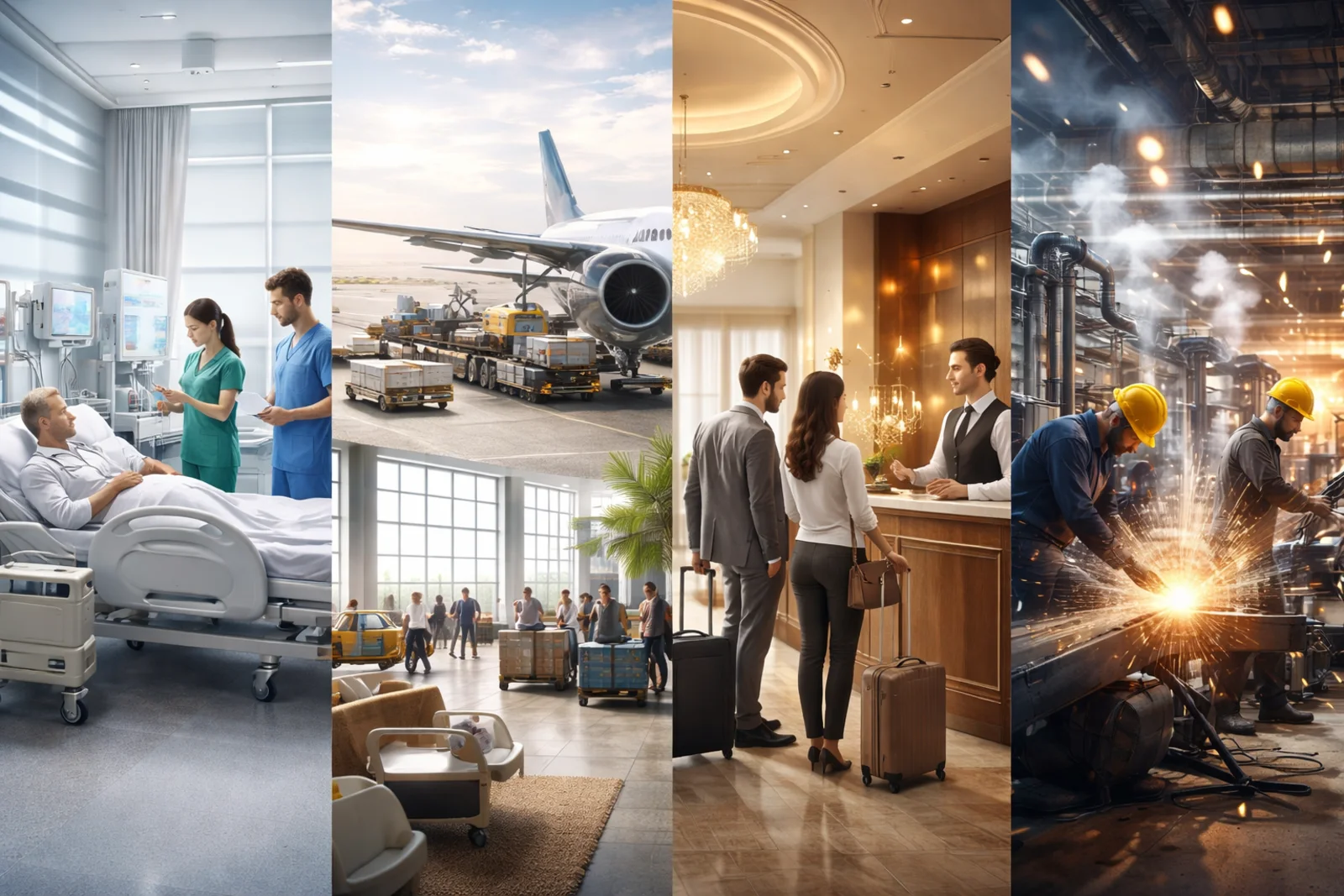 Trade Mate India industry collage showing hospital care, airport logistics, hospitality service, and industrial operations