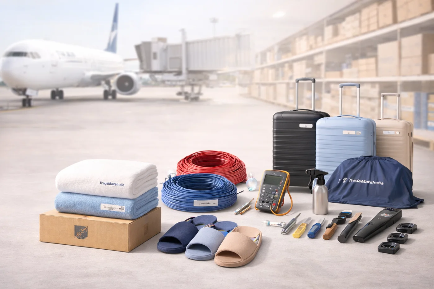 Trade Mate India multi-category product range arranged in an airport logistics setting