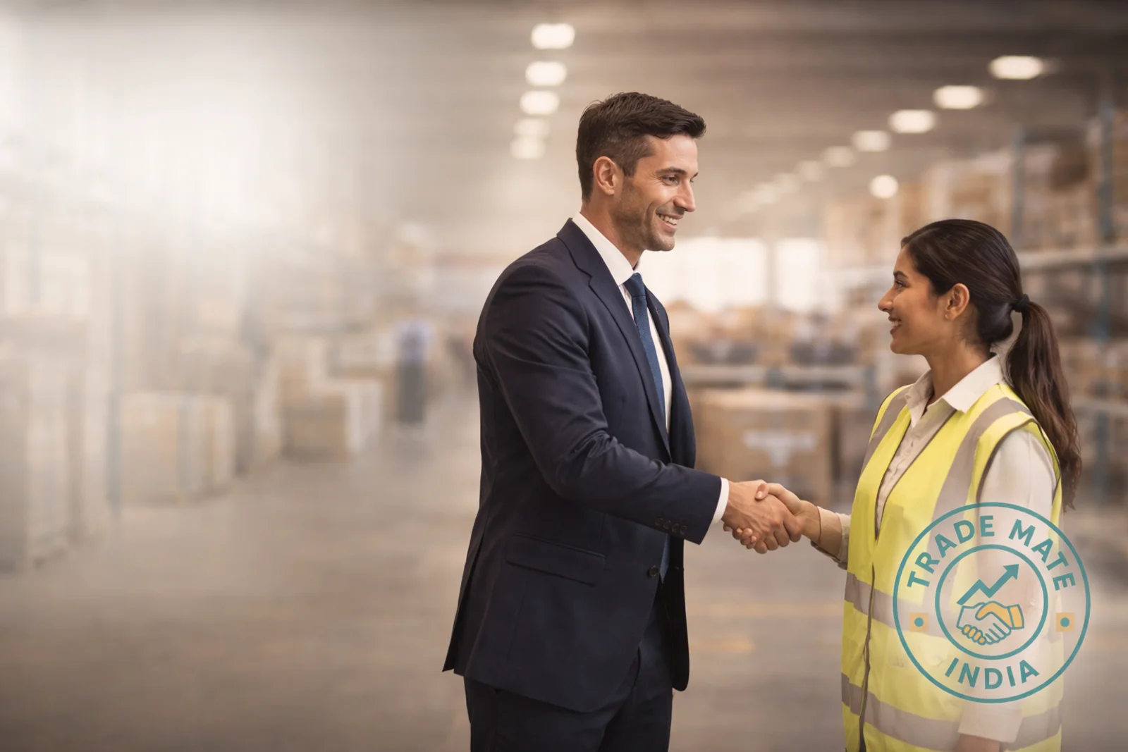 Trade Mate India partnership scene showing a warehouse handshake between buyer and supply representative